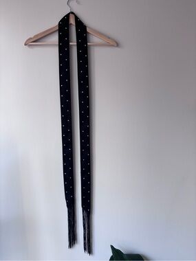 Armani Exchange Black Skinny Scarf with White Dot Pattern and Fringe